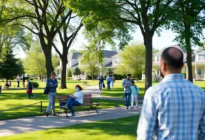 A peaceful park scene in Louisville with people engaging in community activities.