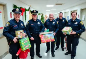Louisville police officers delivering toys to children in a hospital