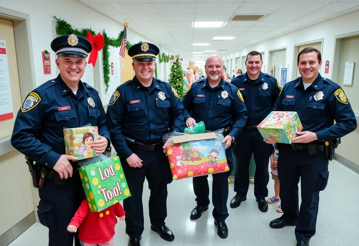 Louisville police officers delivering toys to children in a hospital