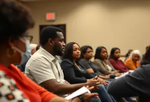 Community members engage in a meeting discussing police reform