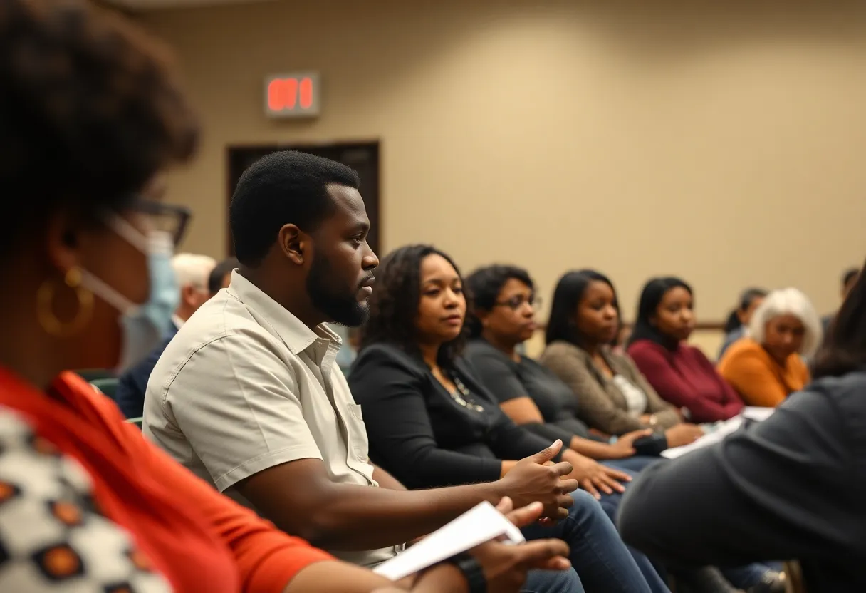 Community members engage in a meeting discussing police reform