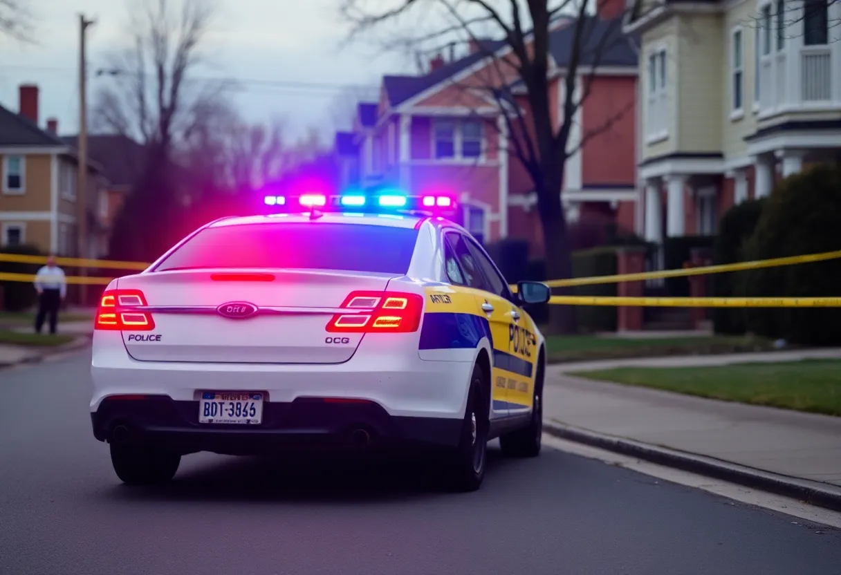 Police car at a crime scene in a residential area