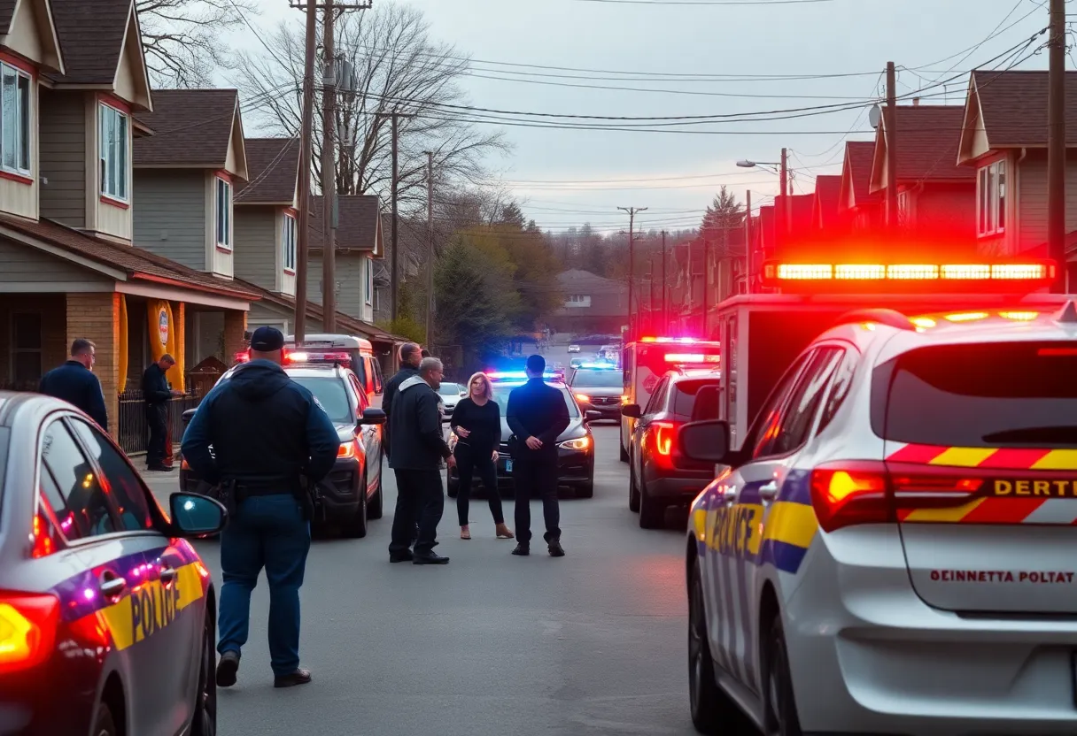 Police vehicles at the scene of a shooting in a Louisville neighborhood