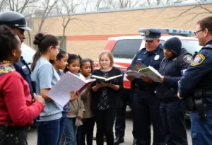 Police officers interacting with children at a school in Louisville