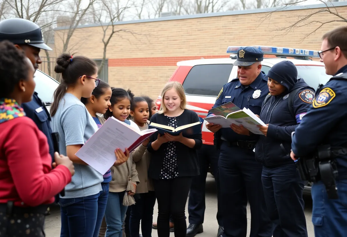 Police officers interacting with children at a school in Louisville