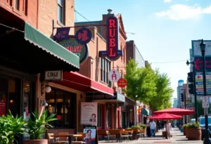 A lively street filled with new restaurants and eateries in Louisville.