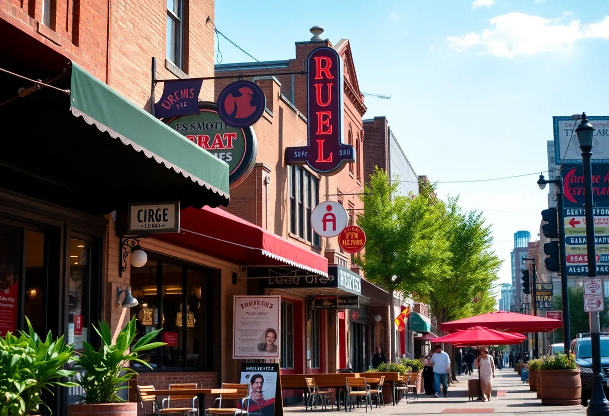 A lively street filled with new restaurants and eateries in Louisville.