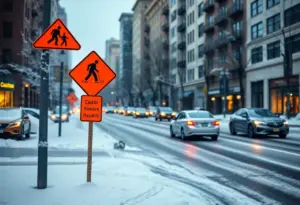 A snowy street in Louisville demonstrating winter driving hazards.