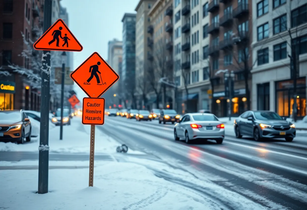 A snowy street in Louisville demonstrating winter driving hazards.