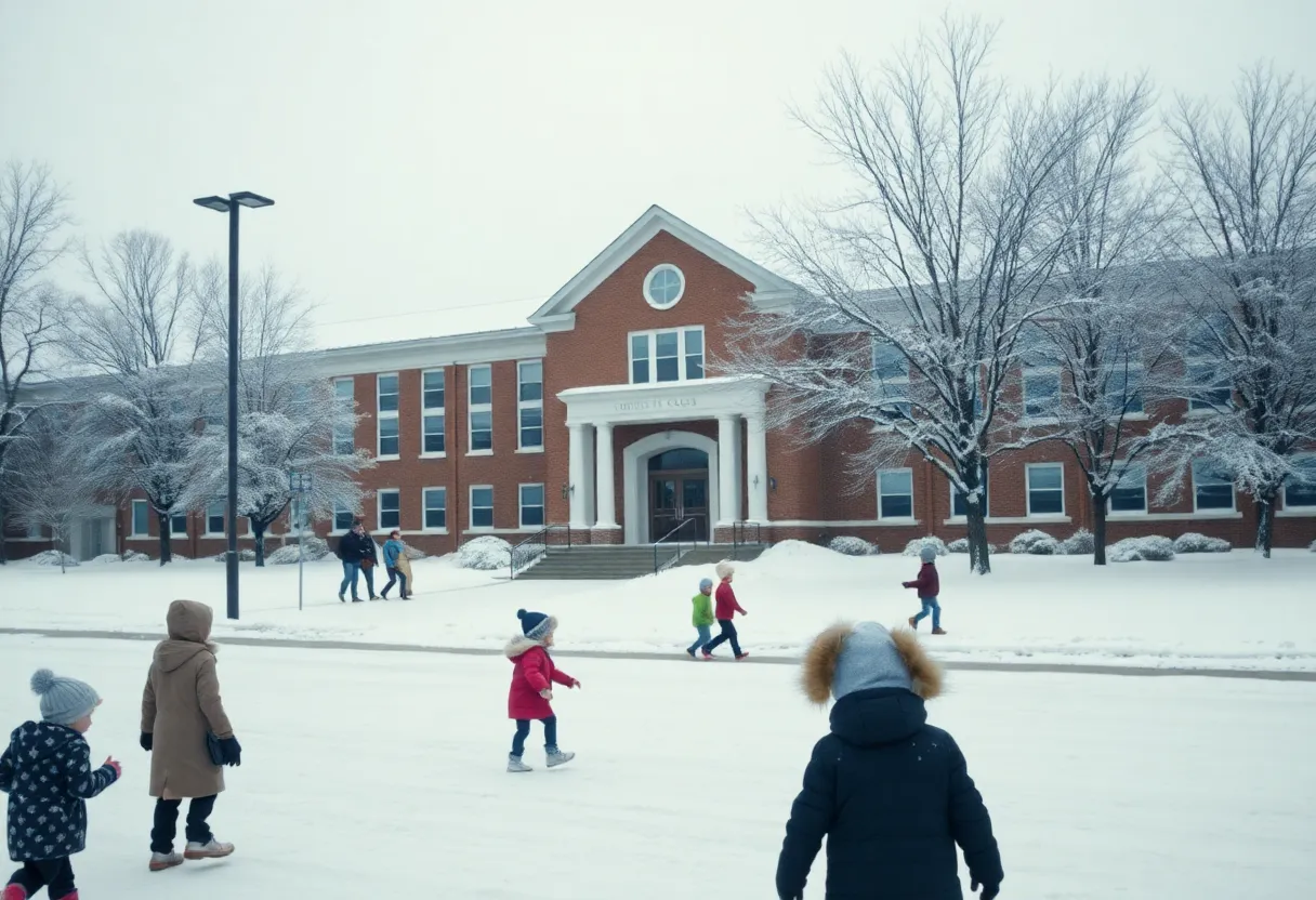 A school in Louisville covered in snow with children playing outside.