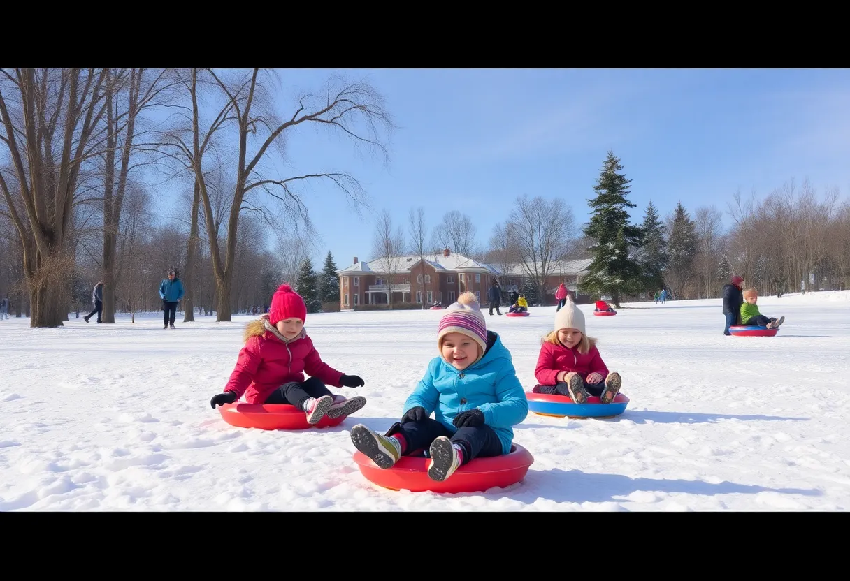 Families enjoying sledding on designated hills in Louisville KY parks
