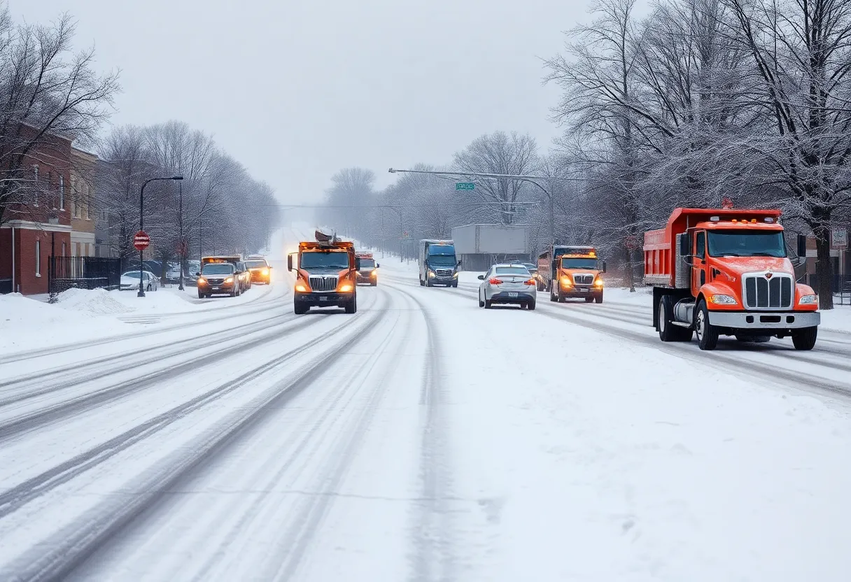 Snow-covered streets in Louisville, KY with road crews working