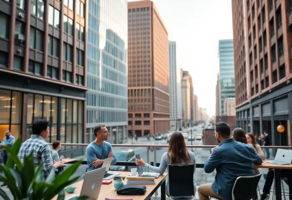 Vibrant downtown Louisville with entrepreneurs working