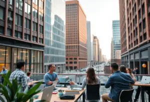 Vibrant downtown Louisville with entrepreneurs working