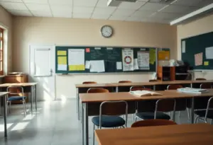 Classroom environment highlighting educational materials with a serious tone.