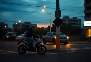 Scene of a traffic crash involving a motor bike and a pickup truck