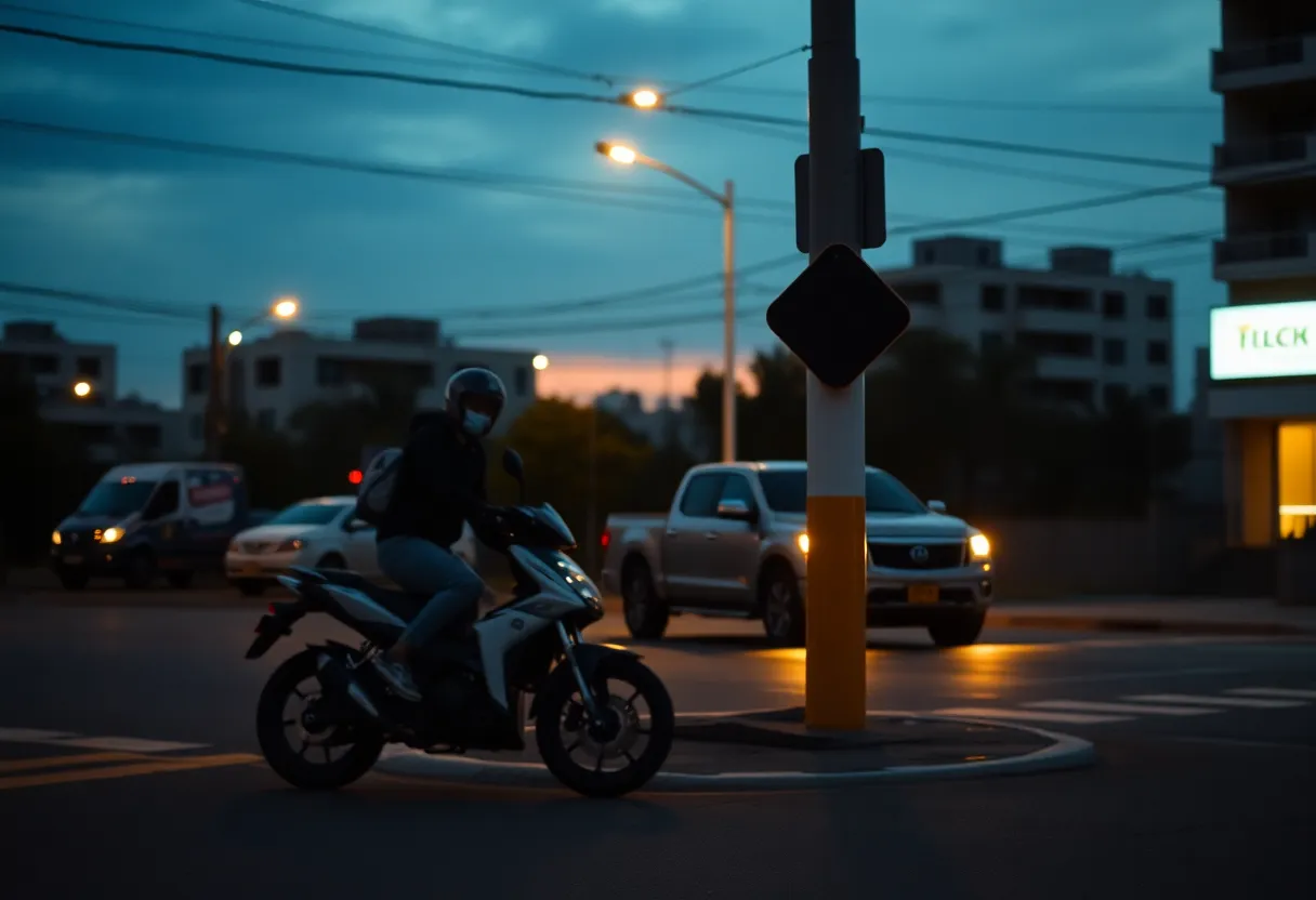 Scene of a traffic crash involving a motor bike and a pickup truck