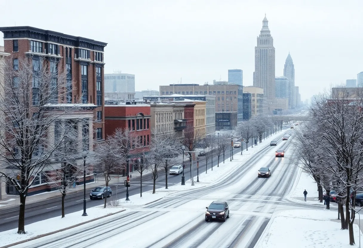 Winter scene in Louisville, Kentucky with snow and cold weather.