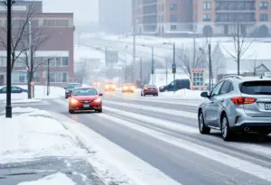 A winter scene in Louisville with light snow covering the roads