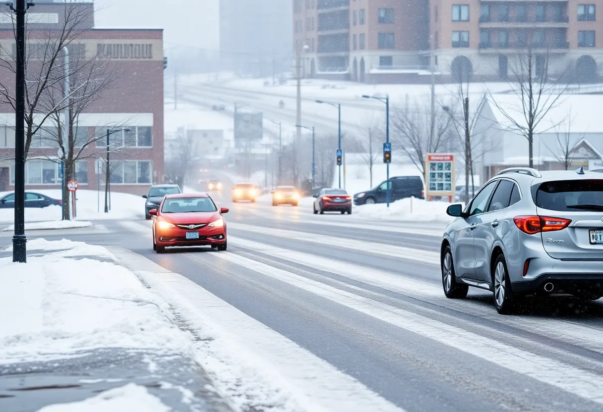 A winter scene in Louisville with light snow covering the roads