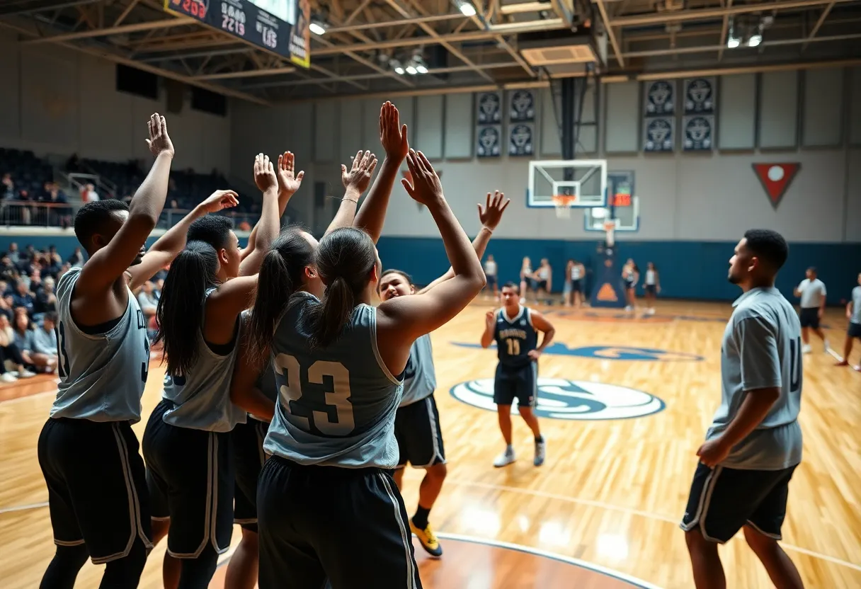 Louisville women's basketball team celebrating a win on the court