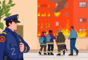 First responders evacuating residents from a burning apartment building in Louisville.