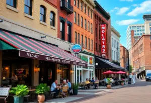 A lively view of Louisville's dining scene with various restaurants and outdoor diners.