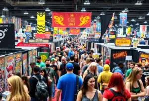 A lively scene at LouisvilleCon with attendees exploring comic and collectible booths.