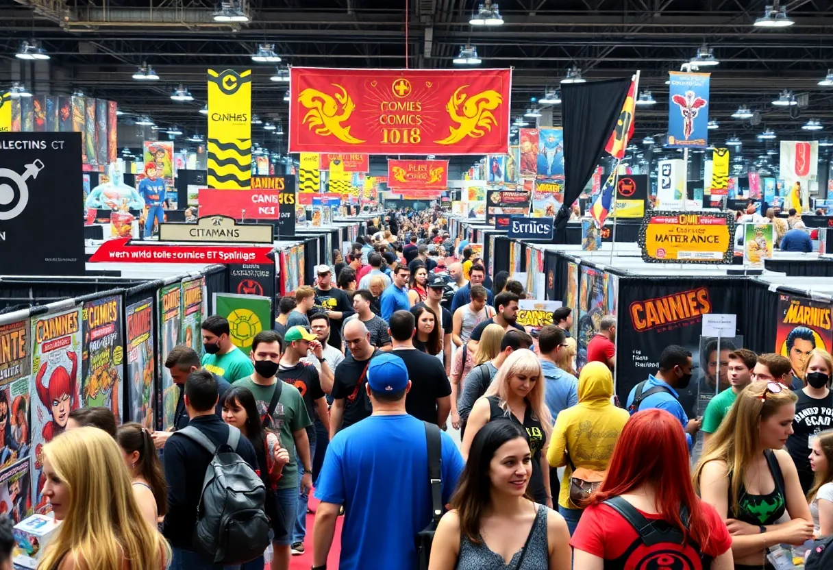 A lively scene at LouisvilleCon with attendees exploring comic and collectible booths.
