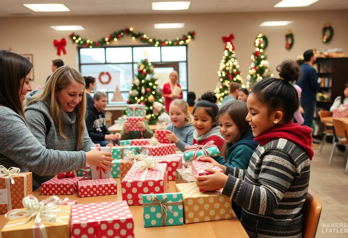 Volunteers wrapping gifts for children at Maryhurst Holiday Gift Drive