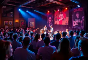Concert scene of fiddler and guitarist performing with an audience