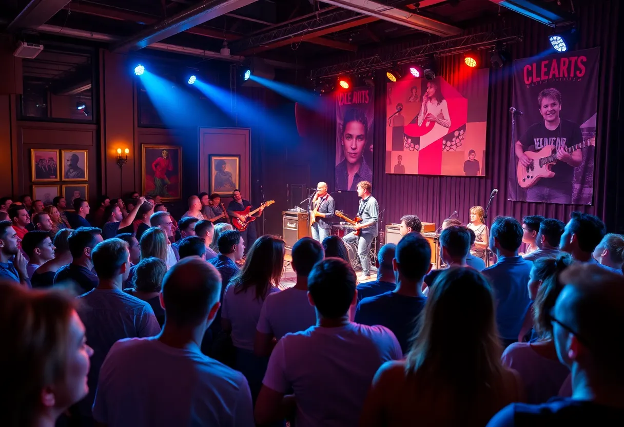 Concert scene of fiddler and guitarist performing with an audience