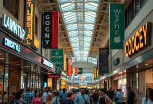 Entrance of Mid City Mall in Louisville with community members gathering