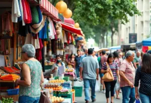 A busy scene at the Mid City Mall flea market with various products and shoppers.