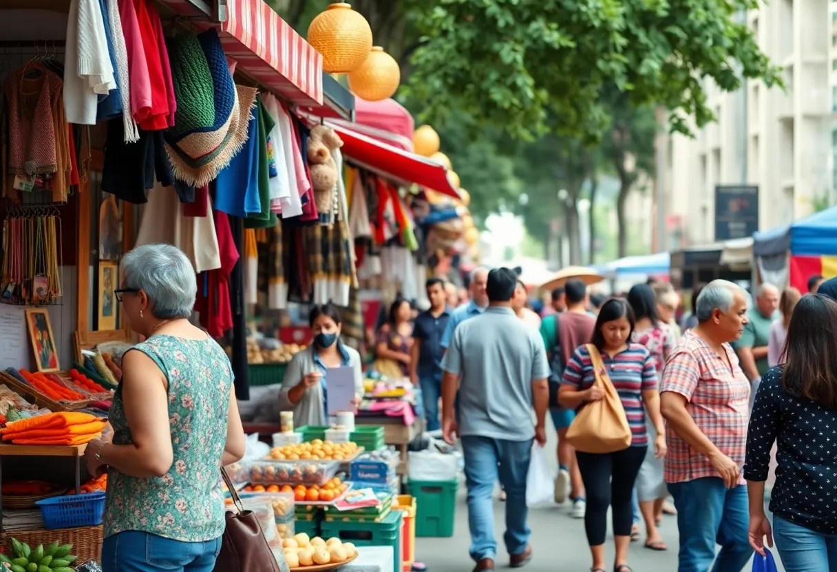 A busy scene at the Mid City Mall flea market with various products and shoppers.