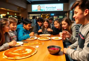 Students enjoying a midnight breakfast with pancake art