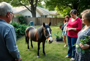 Miniature horse in a backyard with community support