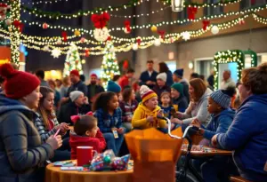Families enjoying activities at the Miracle on Hope Street holiday event in Louisville.