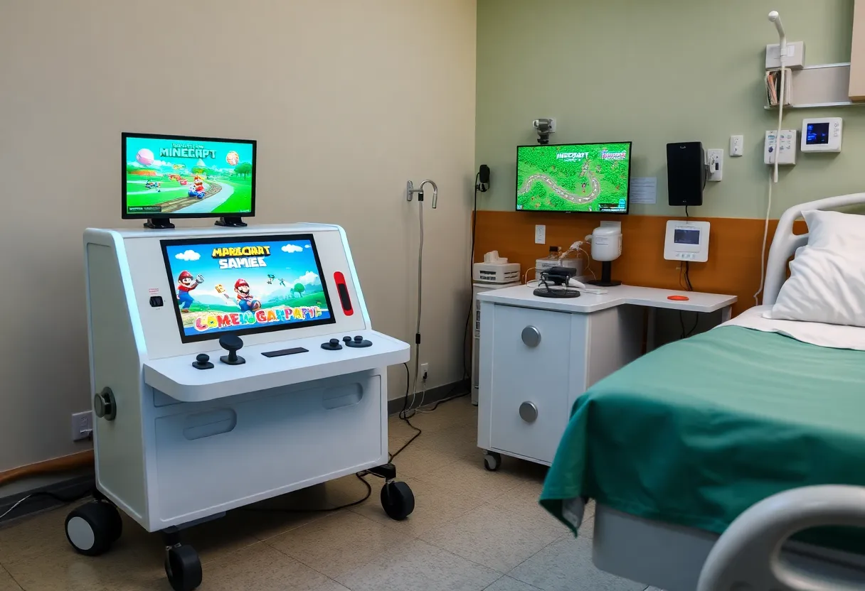 Mobile gaming station with video games beside a hospital bed