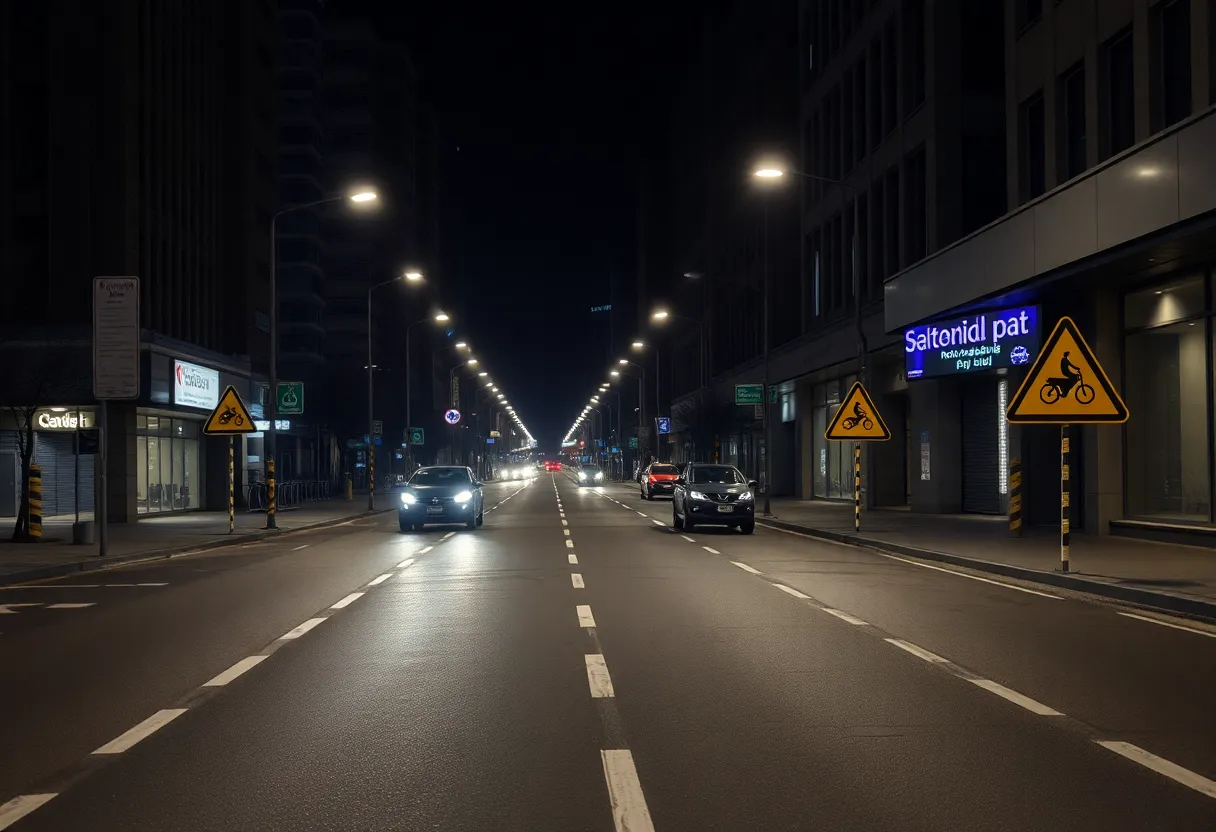 Empty urban street with caution signs indicating motorbike accident area