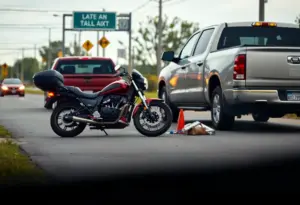Traffic accident scene involving a motorcycle and pickup truck