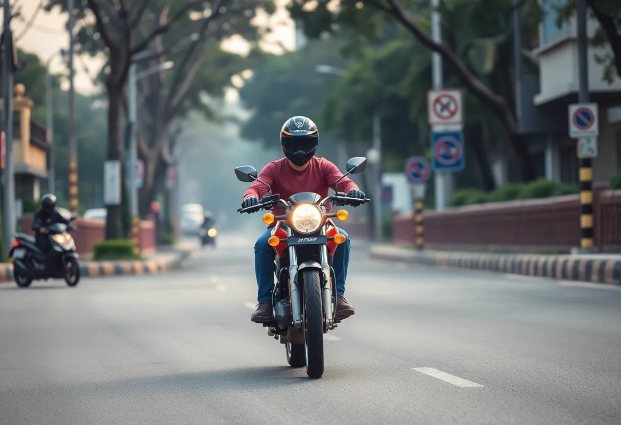 A motorbike on a road with safety features visible