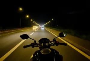 A motorbike on a dimly lit road emphasizing visibility and safety.