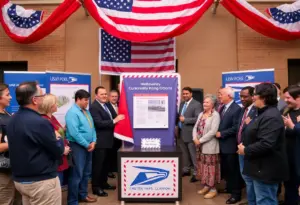 Celebratory event for Muhammad Ali Forever stamps unveiling with community members present.