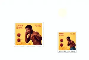 Commemorative stamps featuring Muhammad Ali in a boxing stance