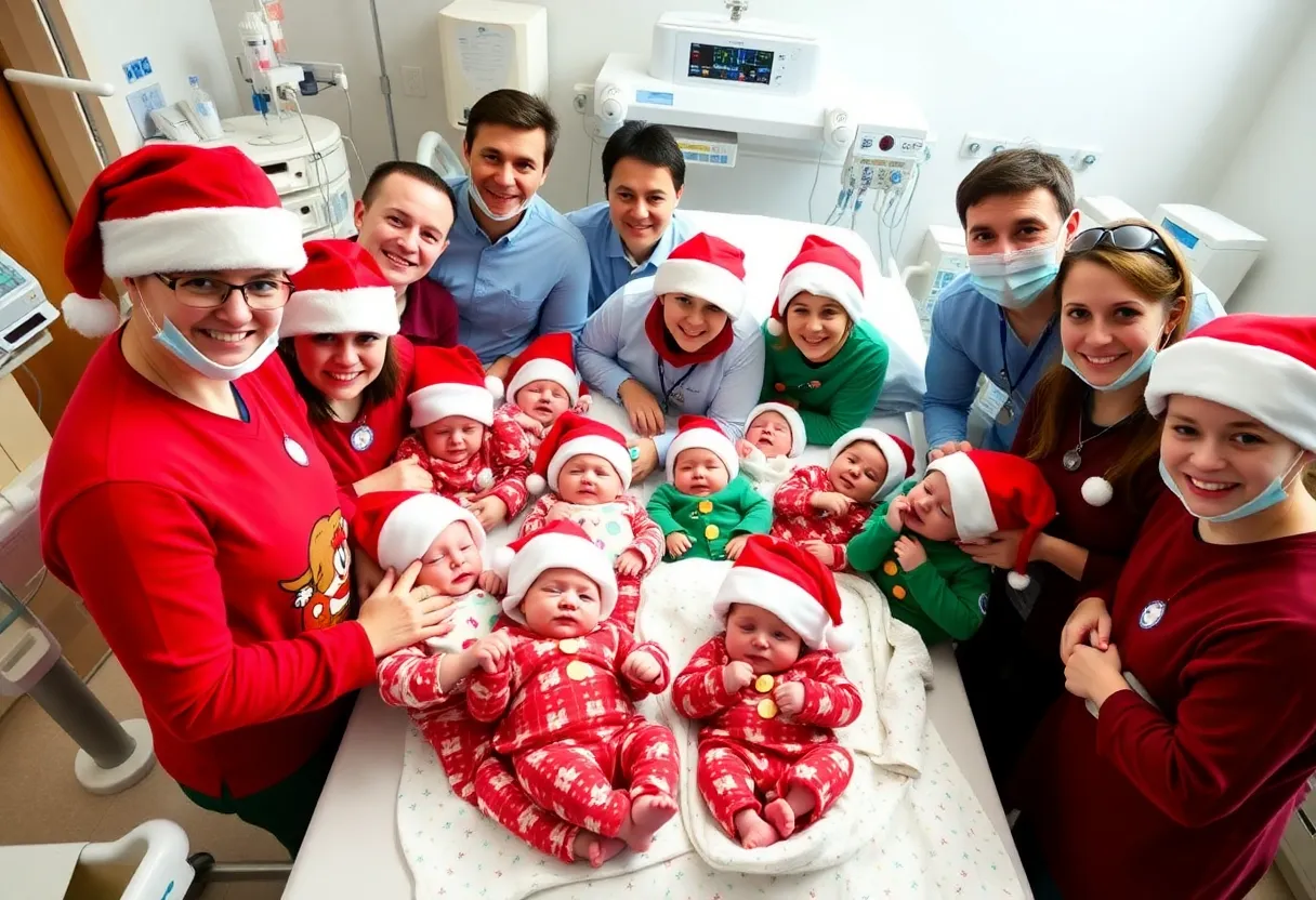 Newborns in festive holiday outfits in a Neonatal Intensive Care Unit