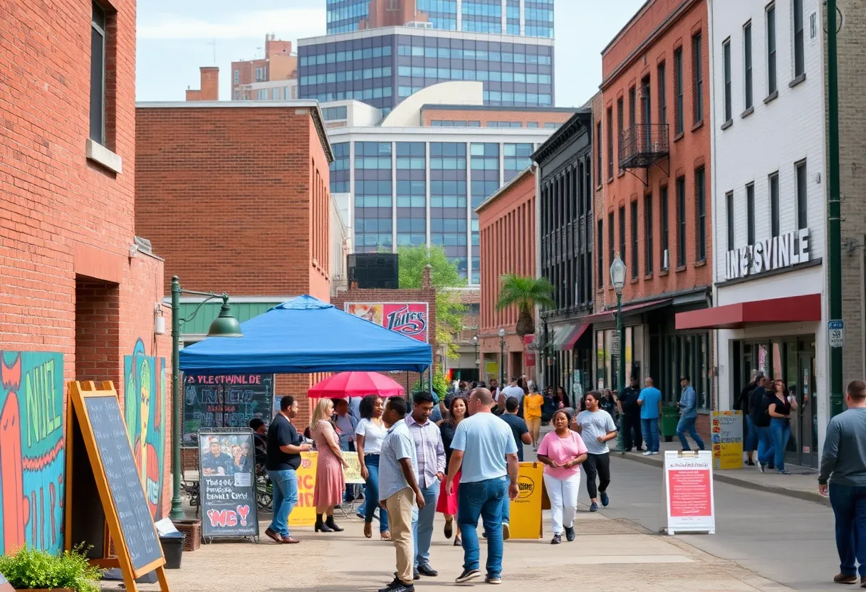 Community scene in NuLu district highlighting safety initiatives in Louisville