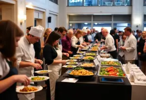 Guests enjoying the Pack the Sack fundraising event with chefs and auction setups.
