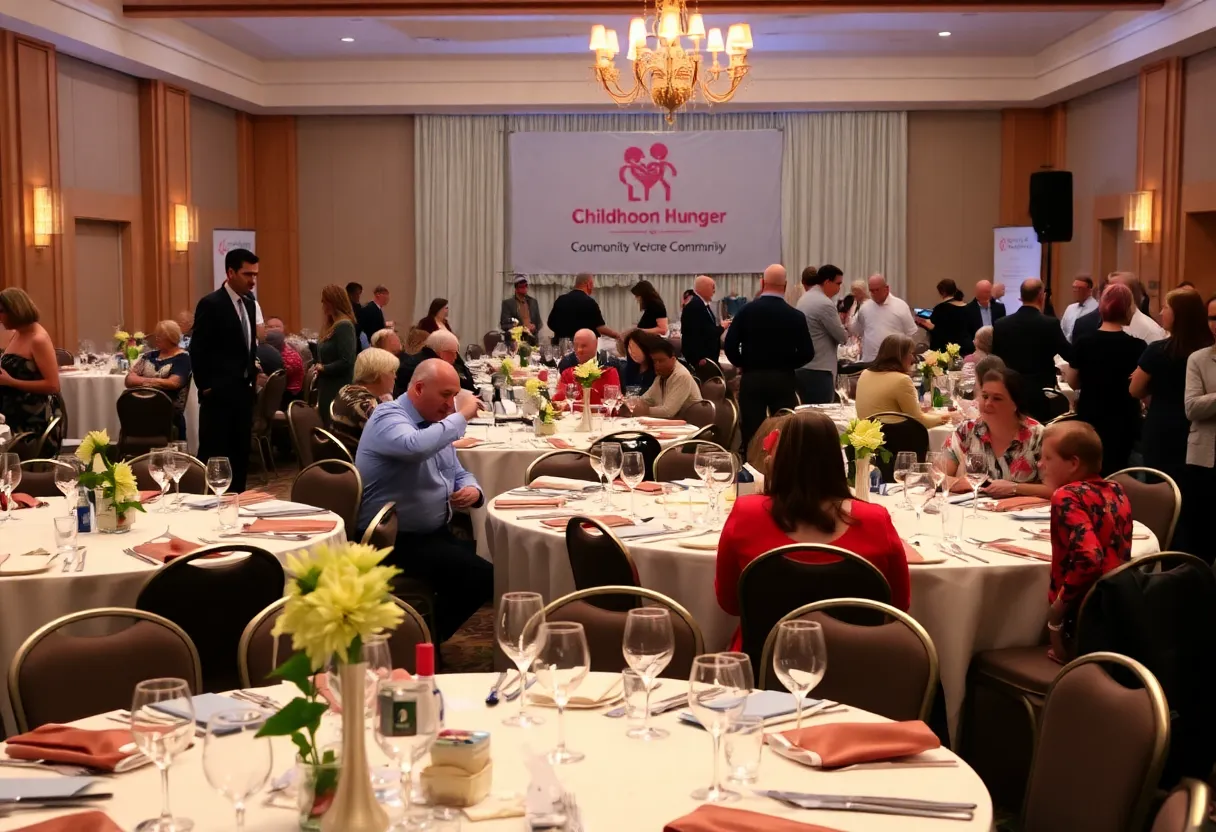 Participants at the Pack the Sack Fundraiser enjoying dinner and engaging in charity activities.