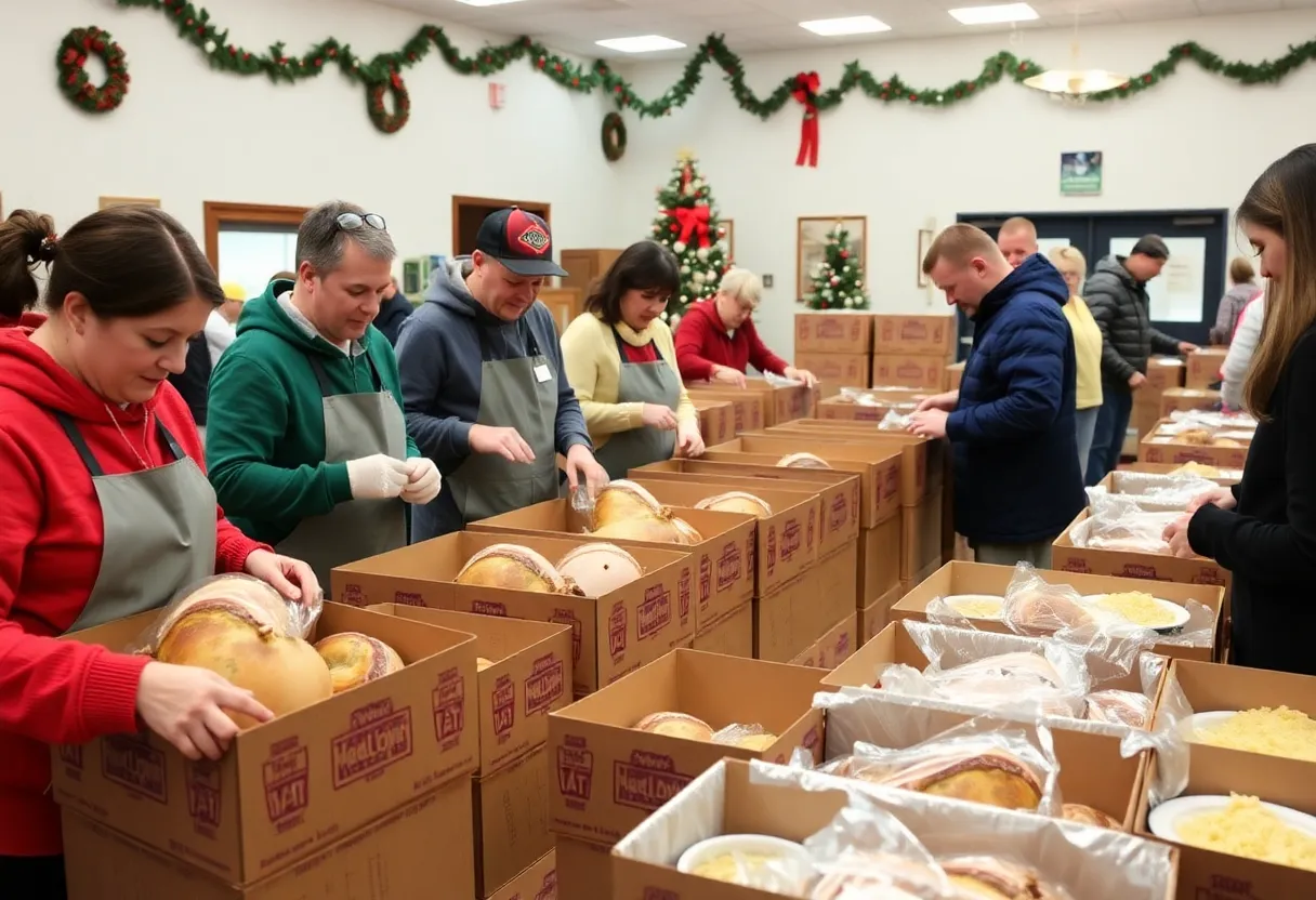 Volunteers assembling holiday meal boxes in Louisville.